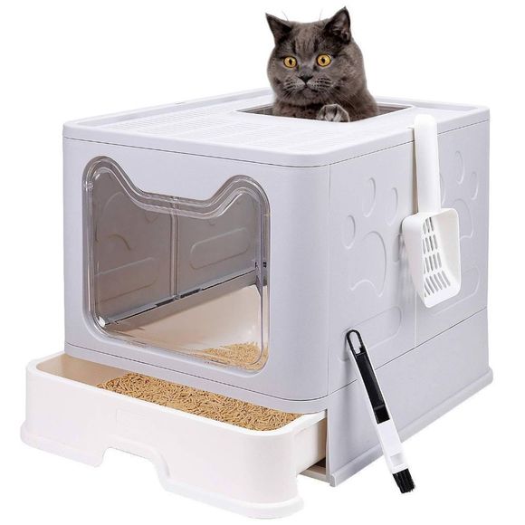 Foldable Cat Litter Box -Large Top Entry Anti-Splashing & Spacious and Scoop - Picture 1 of 10